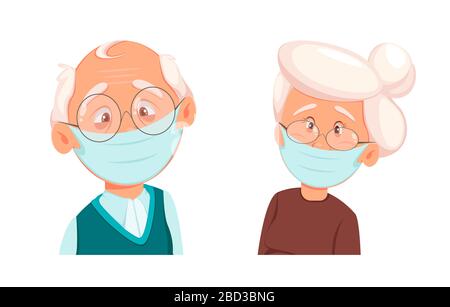 Grand-père et grand-mère portant un masque protecteur pour prévenir les infections, les maladies respiratoires, comme le coronavirus 2019-nCoV. Illustration vectorielle Illustration de Vecteur