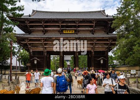 Nara, Japon, août 2019 – foule de touristes et de cerfs à la Grande porte du Sud (Nandaimon Gate), la porte en bois principale du temple Todai-ji Banque D'Images