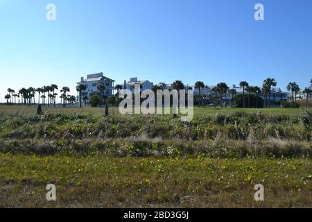 Galveston Island au Texas, maisons bleues Banque D'Images