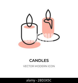Icône bougie à ligne plate. Logo contour closeup deux bougies, signe de feu de cire. Bordure de forme simple. Détendez-vous à la mode, étudiez, aux chandelles. Symbole noël vacances, anniversaire, mémorial illustration vectorielle isolée Illustration de Vecteur
