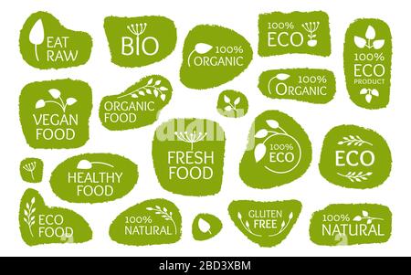 Jeu d'étiquettes vertes écologiques, icône de logo avec feuilles. Symbole emblème du produit naturel biologique. Concept végétalien frais, nourriture saine. Autocollant modèle pour badges, étiquettes, emballages. Illustration vectorielle isolée Illustration de Vecteur