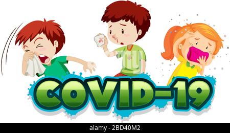 Modèle de signe Covid 19 avec trois enfants étant malade illustration Illustration de Vecteur