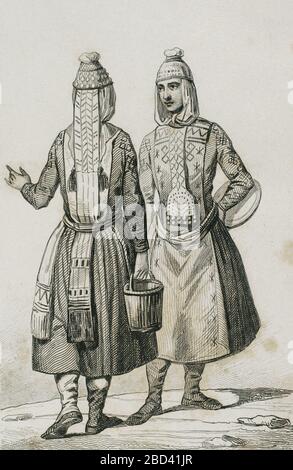 Rusia. Pueblo chuvasio, de origien túrquido. Chavasios con trajes tradicionales. Grabado por Lemaitre, Vernier y Chaillot. Historia de Rusia por Chopin. Panorama universel, edición española de 1839. Banque D'Images