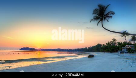 Panorama d'un lever de soleil tropical doré sur l'île de Bintan en Indonésie avec silhouette de palmiers. Banque D'Images