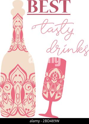 Concept de style indien rouge de bouteille et de verre pour le champagne et le vin. Vecteur Illustration de Vecteur