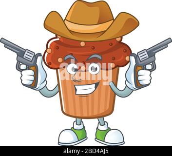 Un personnage de dessin animé de cow-boy de cupcake au chocolat tenant des armes Illustration de Vecteur