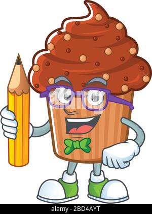Cupcake au chocolat personnage de dessin animé étudiant avec crayon Illustration de Vecteur