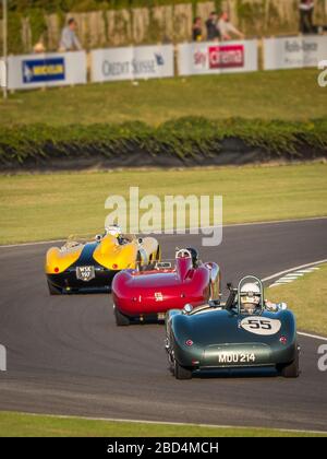 Trois voitures de course colorées dans la course Freddie March Memorial Trophy au Goodwood Revival 2019 West Sussex UK Banque D'Images