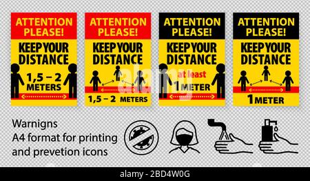 Signe de coronavirus. Gardez une distance de 1 mètre entre les personnes à l'attention de s'il vous plaît. Arrêt de la propagation du virus. Signe d'avertissement d'information sur la quarantaine. Illustration de Vecteur