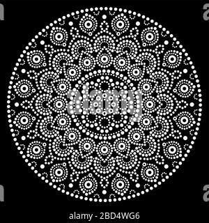 Mandala Vector art, peinture à points australienne blanc design sur noir, art folklorique aborigène style bohème Illustration de Vecteur