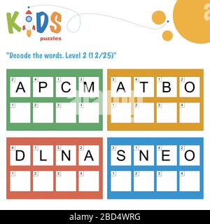 Décoder les mots à 4 lettres. Pratique sur les feuilles de travail pour les enfants d'âge préscolaire, élémentaire et intermédiaire. Fiche d'activité du puzzle logique amusant. Illustration de Vecteur