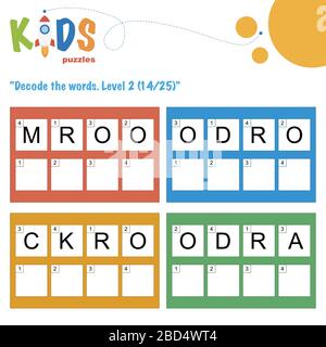 Décoder les mots à 4 lettres. Pratique sur les feuilles de travail pour les enfants d'âge préscolaire, élémentaire et intermédiaire. Fiche d'activité du puzzle logique amusant. Illustration de Vecteur
