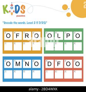 Décoder les mots à 4 lettres. Pratique sur les feuilles de travail pour les enfants d'âge préscolaire, élémentaire et intermédiaire. Fiche d'activité du puzzle logique amusant. Illustration de Vecteur