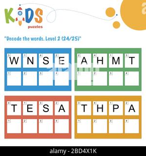 Décoder les mots à 4 lettres. Pratique sur les feuilles de travail pour les enfants d'âge préscolaire, élémentaire et intermédiaire. Fiche d'activité du puzzle logique amusant. Illustration de Vecteur