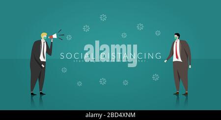Distanciation sociale. Deux hommes d'affaires se tiennent entre eux pour augmenter l'espace physique entre les personnes afin d'éviter la propagation de la maladie duri Illustration de Vecteur