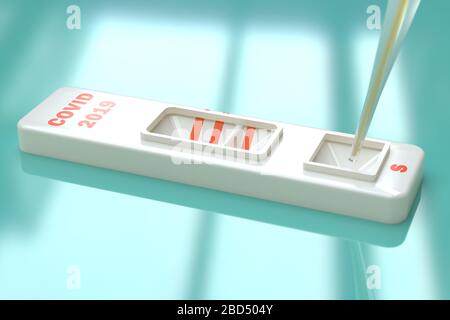 Test rapide du virus SRAS COVID19. Test rapide Covid 19 avec pipette pour prélever un échantillon. illustration tridimensionnelle. Les tests sont efficaces dans la détection de la production d'un Banque D'Images