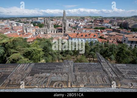 Gravure décrivant la vue de la cathédrale Saint Marie de Burgos (site du patrimoine mondial de l'UNESCO), Burgos, Castille et León, Espagne, Europe Banque D'Images