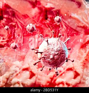 Vue microscopique du Coronavirus, un pathogène qui attaque les voies respiratoires. Covid-19. Analyse et test, expérimentation. Infection virale. Banque D'Images