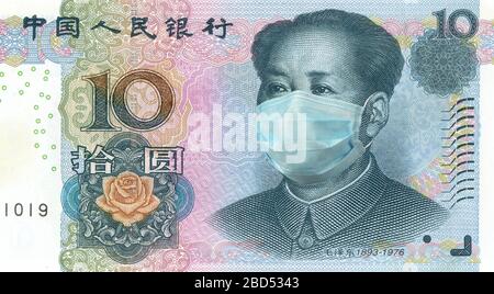 Mao Zedong portrait de 10 billets chinois Yuan portant un masque de protection Banque D'Images