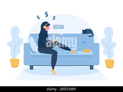 Femme freelance. Une fille arabe dans le hijab et un casque avec un ordinateur portable allongé sur le canapé. Illustration du concept pour travailler à domicile, à l'éducation, en bonne santé Illustration de Vecteur