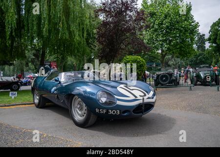 Jaguar de type D à nez long, voiture de course classique au château Impney montée en colline à Ecurie Escosse bleu Banque D'Images