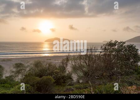 En regardant vers Cabbage Tree et les îles Boondelbah alors que le soleil réchauffe la plage de Bennetts à Hawks Nest sur la côte nord de la Nouvelle-Galles du Sud, en Australie Banque D'Images