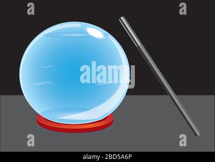 Illustration vectorielle de boule de cristal magique et baguette magique avec fond noir. Illustration de Vecteur