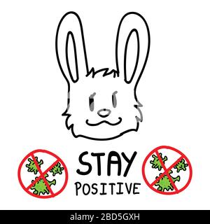 Restez positif. Infographie Corona virus covid 19 avec adorable lapin. La communauté mondiale aide la clipart des médias sociaux. Soutien en cas de pandémie virale pour les enfants Illustration de Vecteur