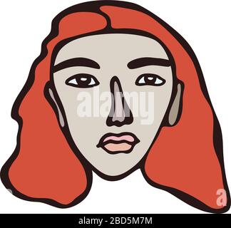 Portrait féminin, fille à poil rouge linéaire minimaliste, visage clair avec yeux sombres. Traits du visage irlandais ou anglais. Graphique primitif scandinave Illustration de Vecteur