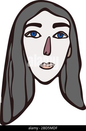 Portrait féminin linéaire minimaliste. Cheveux naturels gris, visage long clair avec yeux bleus, traits du visage européen ou américain. Design scandinave Illustration de Vecteur