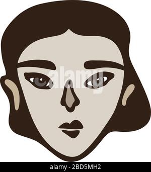 Portrait féminin linéaire minimaliste. Fille aux cheveux foncés, visage blanc avec yeux gris. Caractéristiques du visage asiatique. Style graphique scandinave primitif. Calme Illustration de Vecteur