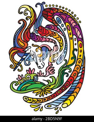Piodon décoratif coloré vectoriel ornement arc-en-ciel unicorn. Illustration vectorielle abstraite décorative dans des couleurs multicolores avec isolat de contour noir Illustration de Vecteur