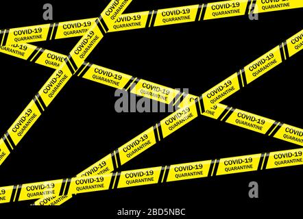 Rubans d'avertissement jaune Coronavirus à risque biologique sur fond noir. Pandémie mondiale COVID-19, 2019-nCoV, SRAS-CoV-2. Maladie infectieuse. Gros plan, Banque D'Images