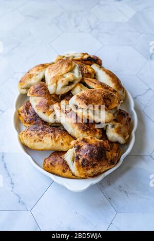 Tatar Pie Borek maison / Burek Cantik avec viande hachée. Cuisine traditionnelle fraîchement préparée. Banque D'Images