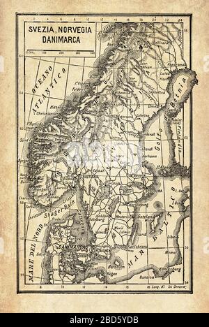 Carte ancienne de la péninsule scandinave avec les pays nordiques la Norvège et la Suède entourées d'archipels insulaires, par les mers du Nord et de la Baltique et par l'océan Atlantique Banque D'Images