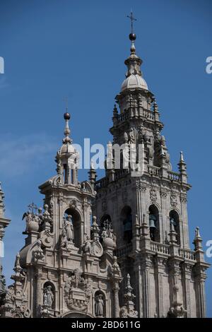 Vue sur la cathédrale de Saint-Jacques-de-Compostelle depuis le balcon de l'hôtel Parador Saint-Jacques-de-Compostelle, Plaza del Obradoiro, Saint-Jacques-de-Compostelle, Galice Banque D'Images