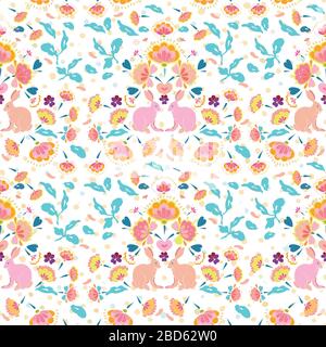 Le motif de lapin de pâques boho de l'art folklorique vectoriel sur fond blanc en pointillés. Motif printemps élégant. Événement et vacances. Motif de répétition de surface. Illustration de Vecteur