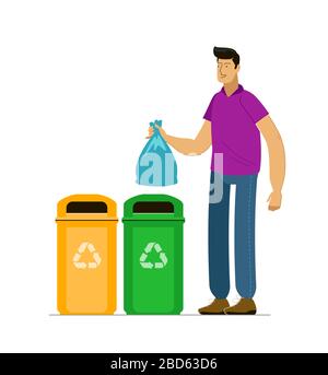 L'homme trie les déchets pour les recycler. Illustration vectorielle Illustration de Vecteur