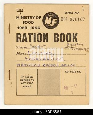 Après la guerre 1953-54 livre de ration, ministère de la nourriture, pour un résident de Shropshire, Angleterre, Royaume-Uni Banque D'Images