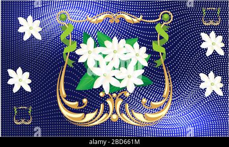 fleur de jasmin dans le cadre doré sur fond bleu abstrait Banque D'Images