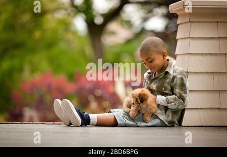 Heureux jeune garçon assis avec un chiot sur ses genoux. Banque D'Images