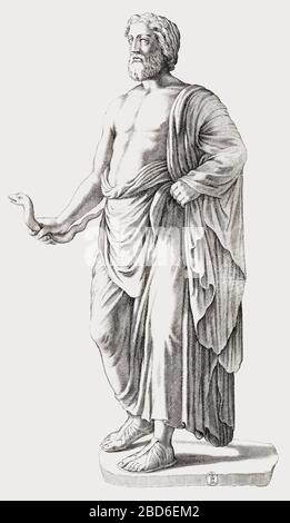 Statue d'Asclepius, ancien Dieu grec de la médecine. Après une gravure du XVIIe siècle par Luca Ciamberlano. Banque D'Images