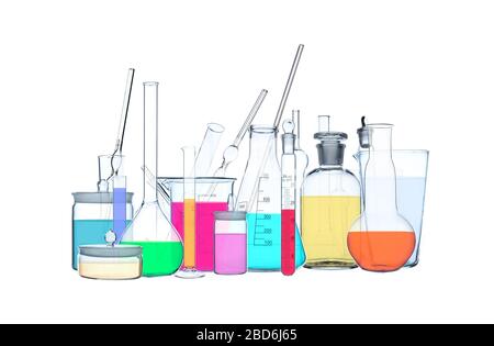 divers objets de groupe de couleurs de laboratoire chimique multicolore équipement de verrerie limpide sur fond blanc, isolé. Concept coronavirus épidiemi Banque D'Images