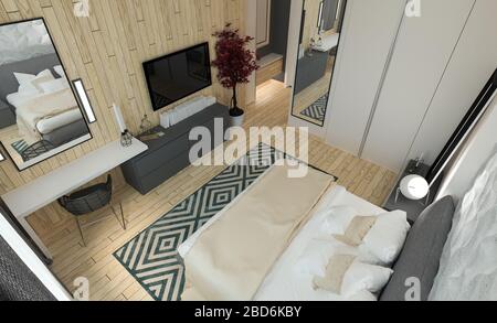 Chambre principale avec dressing panneaux en relief dans un style moderne Banque D'Images