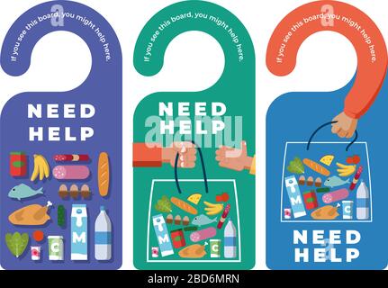 Étiquettes de suspension de porte avec signal d'aide nécessaire - nourriture Illustration de Vecteur