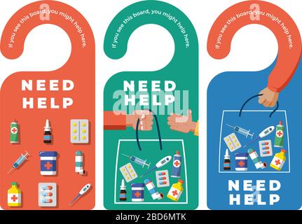 Étiquettes de cintre de porte avec signal d'aide nécessaire - médicaments Illustration de Vecteur