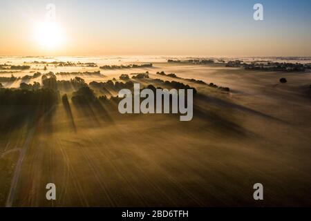 Piencourt, Normandie, France. Vue aérienne des champs et des arbres sous le brouillard dans la France rurale à l'aube Banque D'Images