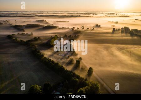 Piencourt, Normandie, France. Vue aérienne des champs et des arbres sous le brouillard dans la France rurale à l'aube Banque D'Images