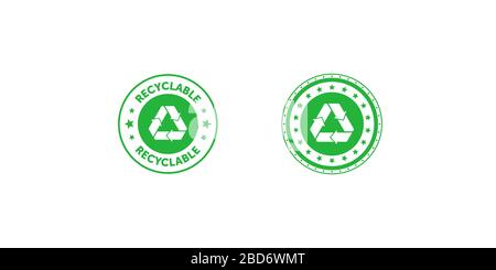 Lot de badges en cercle vert recyclables avec bande Mobius et étoiles. Élément de conception pour la conception d'emballages et le matériel promotionnel. Illustrateur de stock vectoriel Illustration de Vecteur