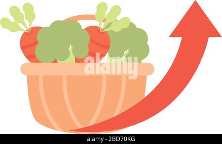 légumes frais dans le panier d'achat flèche vers le haut, hausse des prix des aliments, style plat icône illustration vectorielle Illustration de Vecteur